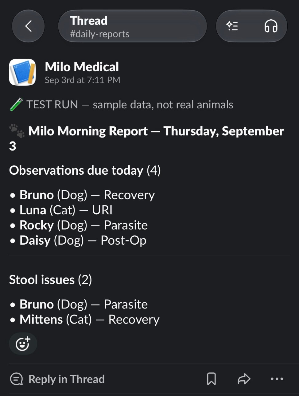 The morning health report as it arrives in Slack, listing observations due and stool issues, shown with sample data