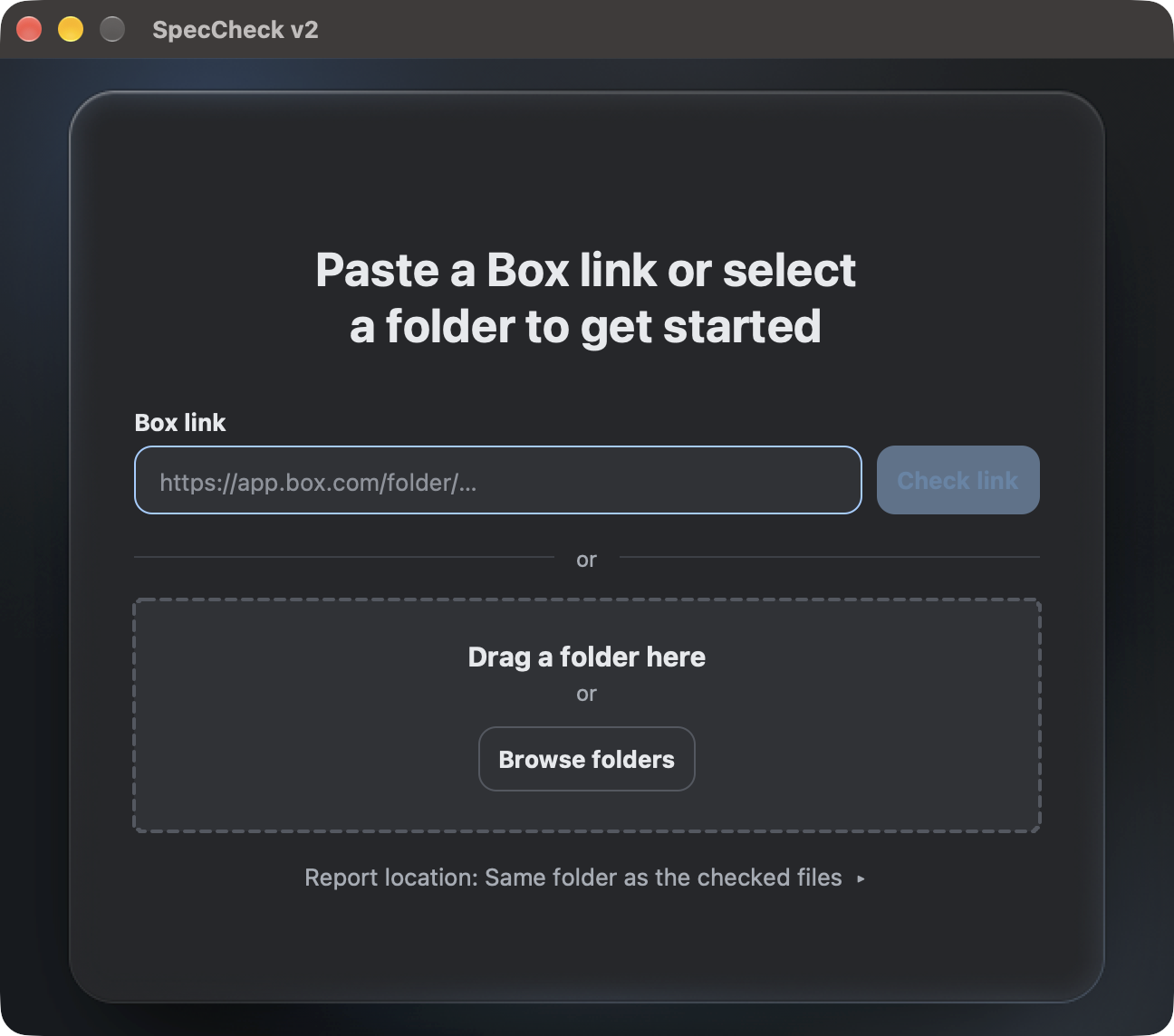 SpecCheck start screen, asking for a Box link or a folder of spec sheets to check
