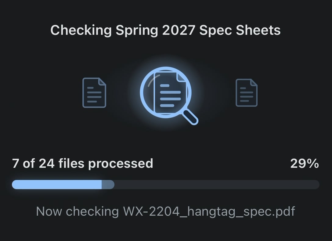 Video: SpecCheck running a check, 7 of 24 spec sheets processed, with a magnifying glass moving across the files