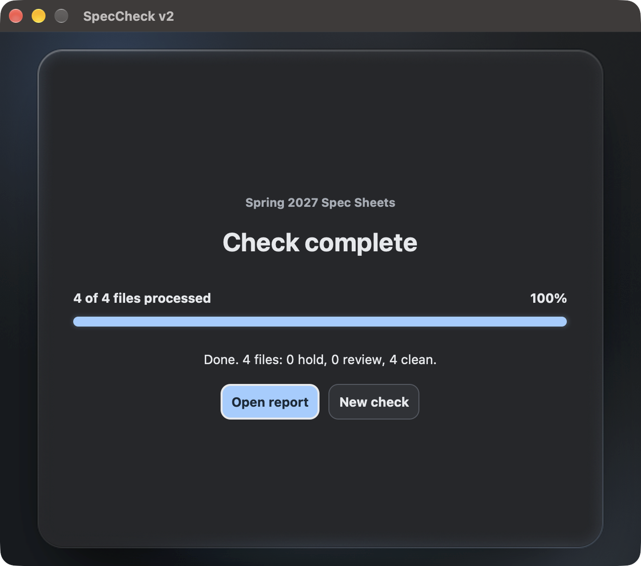 SpecCheck check complete: 4 of 4 files processed, 0 on hold, 0 for review and 4 clean