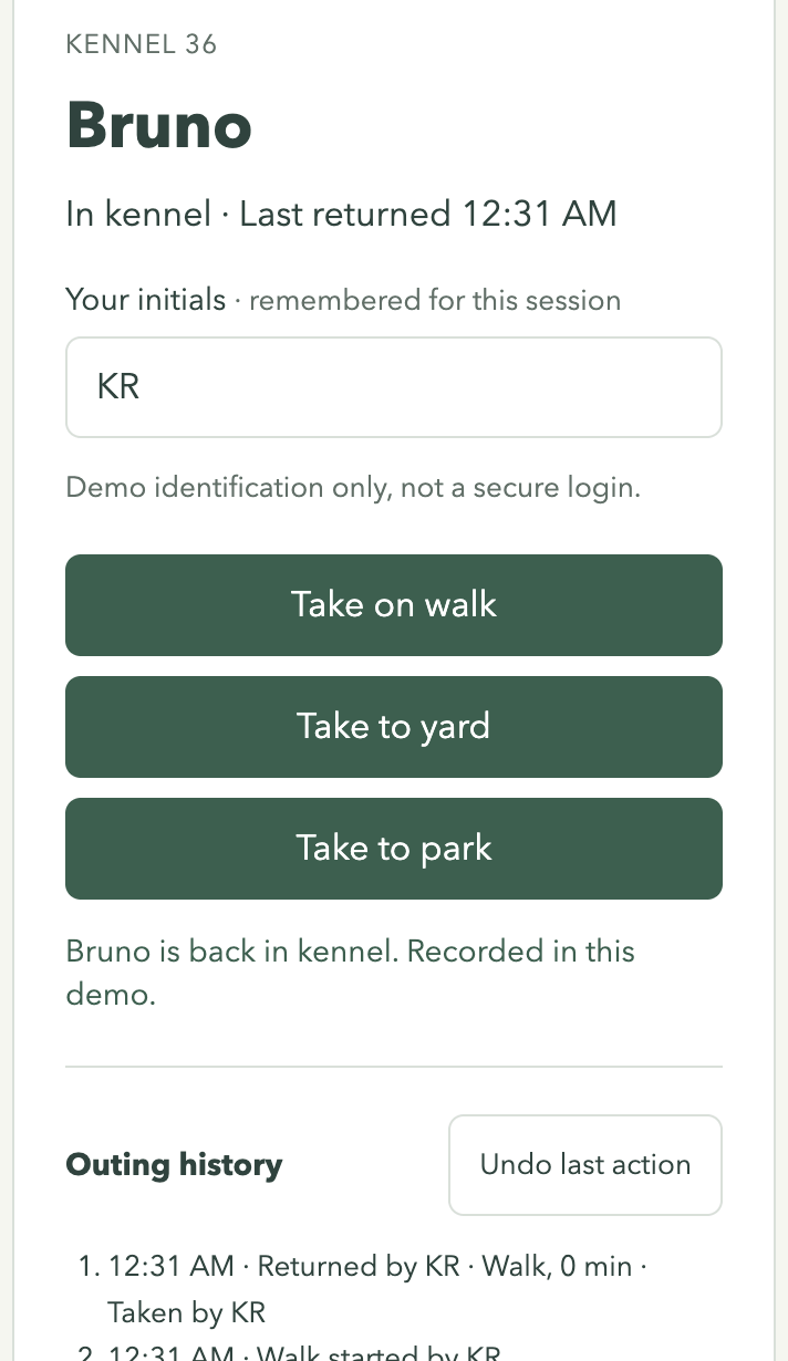 Phone view after scanning a kennel QR code, with buttons to take the dog on a walk, to the yard or to the park